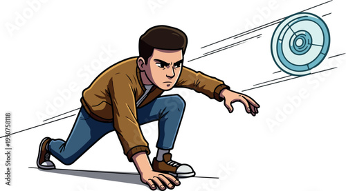 Pixel Art Retro Style Man Chasing Flying Disc on White Background