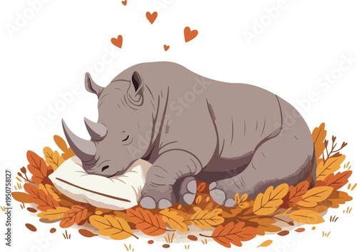 Pixel Art Rhino Sleeping on Autumn Leaves Pillow Cute Wildlife