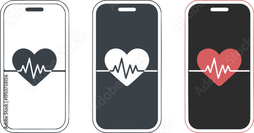 Minimalist Smartphone Illustration Set Showing Heart Health Monitoring Apps with EKG Lines in Black, White, and Red Screens