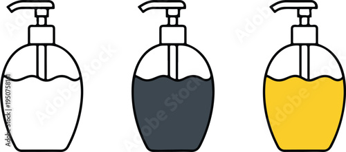 Minimalist Soap Dispenser Icon Set Showing Line Art, Dark Gray Silhouette, and Yellow-Orange Pump Bottles Vector Illustration