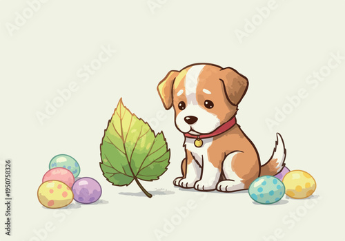 Pixel Art Sad Puppy Dog With Easter Eggs And Leaf On Pale Background