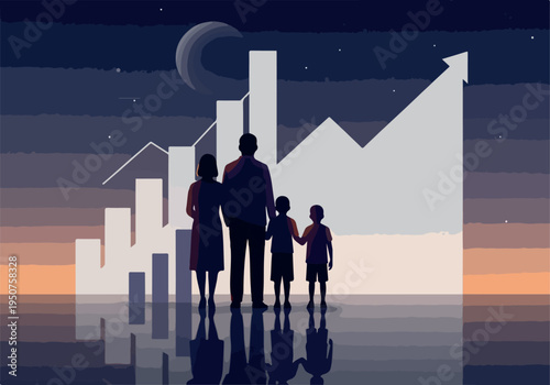 Pixel Art Family Watches Financial Growth Chart Under Crescent Moon