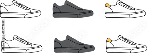 Minimalist Sneaker Illustration Set Showing White and Dark Gray Low-Top Sneakers with Laces and Platform Soles Vector Design