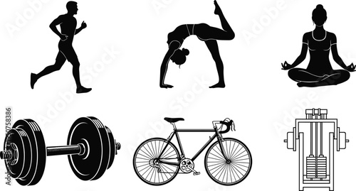 Fitness and gym silhouette collection, running man, yoga pose woman, dumbbell bicycle and workout machine icons, healthy lifestyle sport vector set