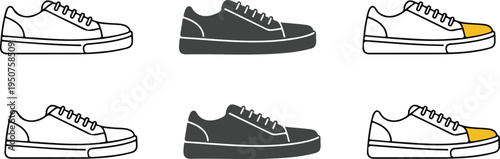 Minimalist Sneaker Illustration Set Showing White and Dark Gray Low-Top Sneakers with Laces and Platform Soles Vector Design