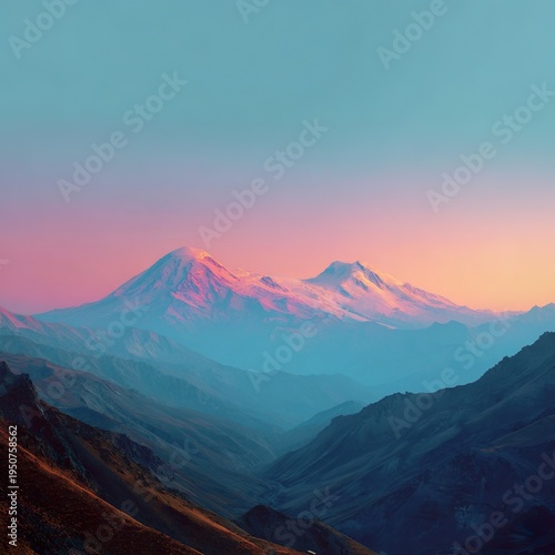 Photograph of the iconic peaks of Mount Elbrus, Kabardino-Balkaria, Russia, bathed in the ethereal colors of alpenglow. The snow-covered slopes, high-altitude alpine ridges, and clear sky with clouds 