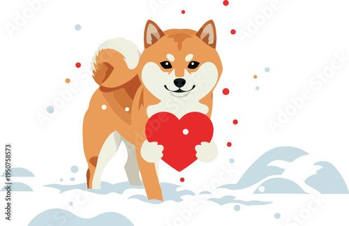 Pixel Art Shiba Inu Dog Holding Red Heart In Snowflakes