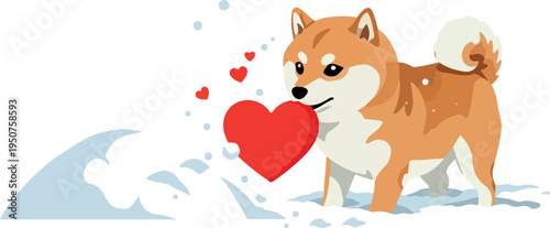 Pixel Art Shiba Inu Dog With Heart in Snowy Landscape Vector