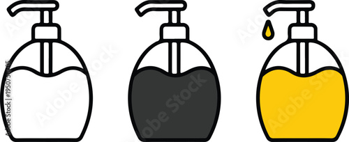 Minimalist Soap Dispenser Icon Set Showing Line Art, Dark Gray Silhouette, and Yellow-Orange Pump Bottles Vector Illustration