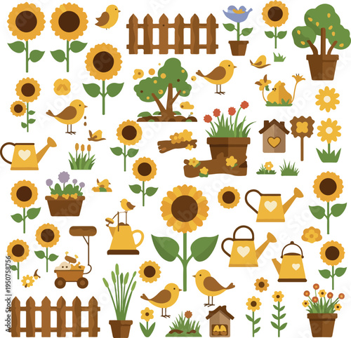 Pixel Art Garden Elements Sunflowers Birds Watering Cans Fence Tree Flowers Cute