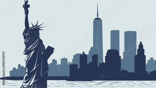 Iconic American Landmark Silhouette Against Modern Metropolitan Skyline and Waterfront Scene new york skyline vector