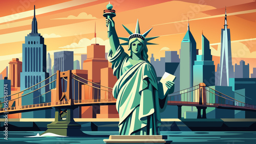 Iconic Landmark Statue Against Vibrant Sunset Skyline of Major Metropolitan Coastal Cityscape Illustration new york skyline vector