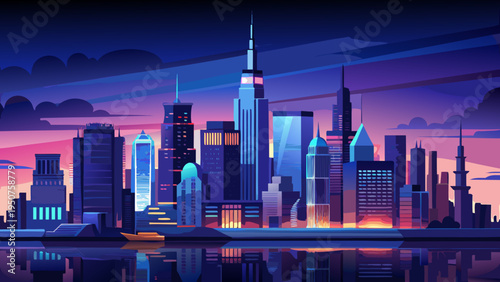 Modern Metropolitan Skyline at Dusk with Towering Skyscrapers Reflected in Calm Water Below new york skyline vector