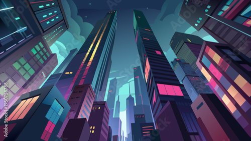 Low Angle View of Futuristic Cityscape with Towering Skyscrapers Under a Moody Night Sky Atmosphere new york skyline vector