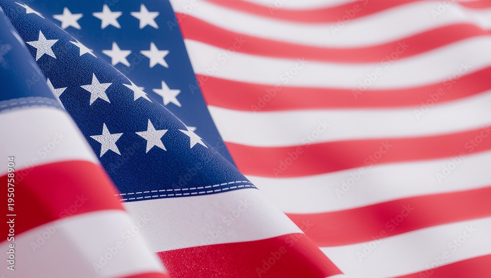 Fototapeta premium Vibrant close-up of a majestic national flag, showcasing its iconic red, white, and blue colors with distinct stars and flowing stripes, embodying freedom, unity, and national pride