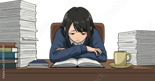 Pixel Art Girl Studying Hard At Desk Stacked With Books Coffee Cup