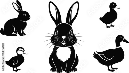 Rabbit and duck silhouette animal collection, cute bunny and duckling farm animals set, wildlife animal vector illustration