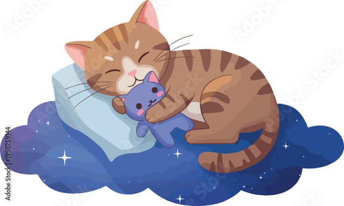 Pixel Art Tabby Cat Sleeping With Blue Toy On Starry Cloud Background