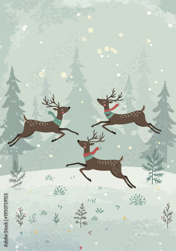Pixel Art Three Deer Running Snowing Forest Green Scarf Festive Winter