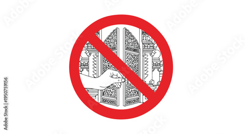 A red prohibition sign with a cityscape illustration crossed out on a white background.