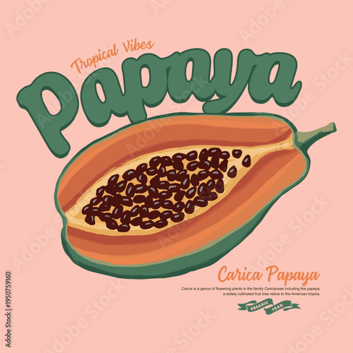 Carica papaya fruit print. Nature fruit club print design. Watercolor fruit t shirt design. Sweet Papaya artwork. Summer tropical vibes art.