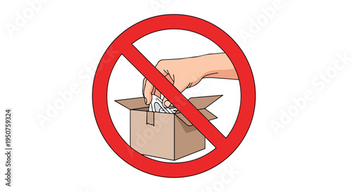 Graphic illustration of a hand putting recyclable materials into a cardboard box with a red prohibition symbol on a white background.