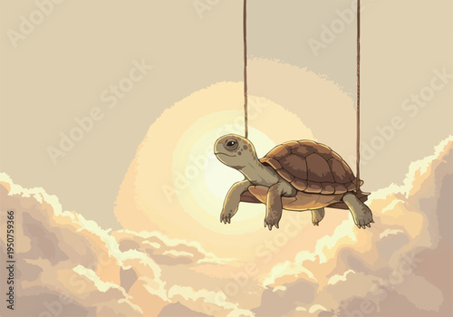 Pixel Art Turtle Swinging on a Rope Against a Golden Sunrise Sky