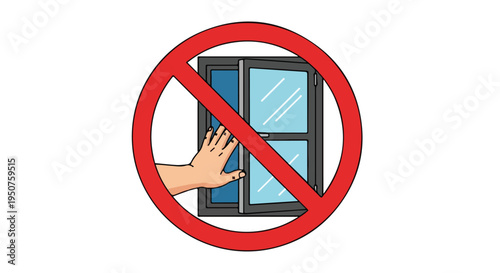 Graphic illustration of a hand touching a window with a red prohibition sign overlaid on top, against a white background.