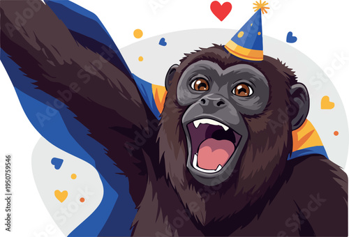 Pixel Art Happy Monkey Wearing Party Hat and Blue Cape Celebrate Birthday
