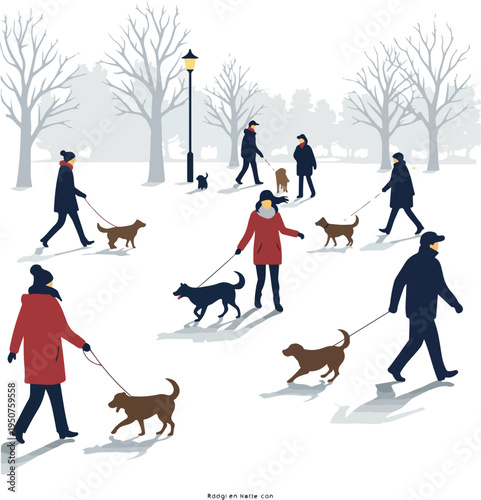 Pixel Art Winter Park Scene Dog Walkers Snowy Day Warm Coats Outdoor Activity