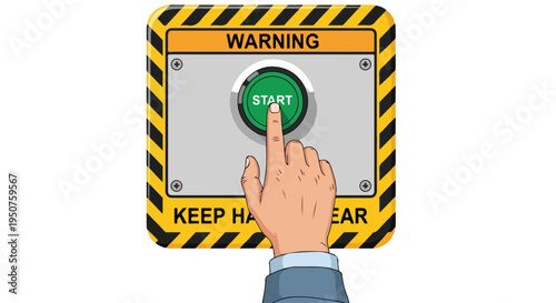 A hand pressing a green start button on a control panel with warning labels against a white background.