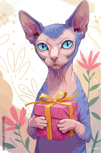 Sphynx Cat With Blue Ears Holds Pink Gift Box Pastel Background