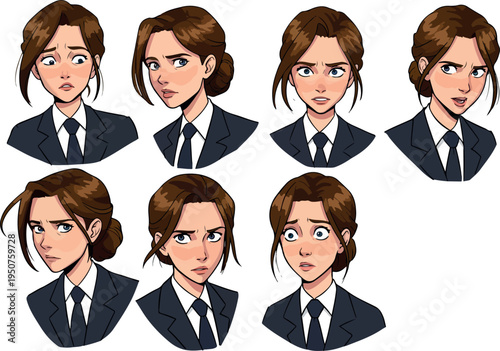 Pixel Art Woman Character Various Emotions Business Suit Neutral Background