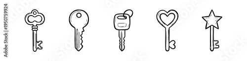 Photos Set of five hand-drawn key illustrations in a simple black and white line art style, featuring vintage, modern, car, heart-shaped, and star-shaped keys isolated on a white background