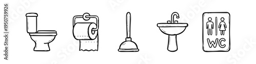 Set of hand-drawn bathroom icons including a toilet, toilet paper, plunger, sink, and WC sign. Minimalist black and white line art vector doodle for restroom and plumbing themes.