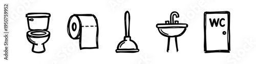 Set of hand-drawn bathroom and restroom icons featuring a toilet, toilet paper, plunger, sink, and WC door in a simple black ink doodle style on a white background.