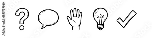 Collection of hand-drawn icons including question mark, speech bubble, open hand, light bulb, and check mark. Ideal for business communication, creative ideas, and problem-solving concepts.