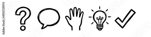 Set of hand-drawn doodle icons including a question mark, speech bubble, raised hand, light bulb, and check mark. Concept for communication, brainstorming, problem-solving, and task completion.