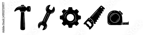 Set of black hand tool icons including a hammer, wrench, gear, saw, and tape measure on a white background. Perfect for DIY, construction, and repair projects.
