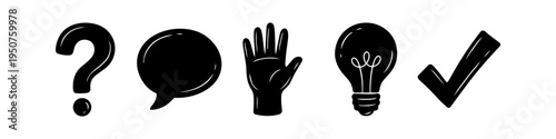 Set of minimalist black silhouette icons including a question mark, speech bubble, raised hand, light bulb, and checkmark. Ideal for communication, brainstorming, and problem-solving concepts.
