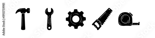 Set of black flat icons representing common construction and hand tools: a hammer, wrench, gear, hand saw, and tape measure. Isolated on a white background. Ideal for DIY and repair projects.