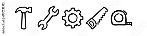 Set of hand-drawn construction and repair tool icons including hammer, wrench, gear, saw, and tape measure. Minimalist black line art doodle on white background for DIY and maintenance concepts.