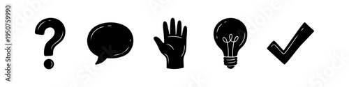 Set of five black icons illustrating a problem-solving process: question mark, speech bubble, raised hand, light bulb, and check mark. Conceptual flat design on white background.