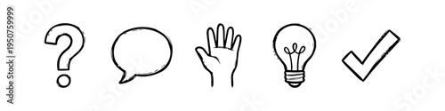 Set of minimalist hand-drawn doodle icons: question mark, speech bubble, hand, light bulb, and check mark. Black line art on white background for business, education, and creative brainstorming.