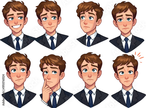 Pixel Art Man Character Expressions Dark Suit Blue Tie Set
