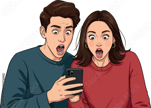 Surprised Couple Reacts to Phone Screen With Shocked Expressions Pixel Art