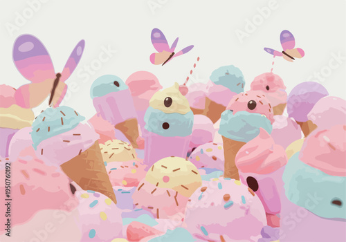 Sweet Pastel Ice Cream Cones With Butterflies In Soft Light