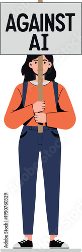 Protestor Holding Sign Against AI Minimalist Vector Illustration