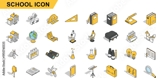 Isometric school education icon set featuring school buildings books globes microscopes laboratory flasks musical instruments and stationary supplies,