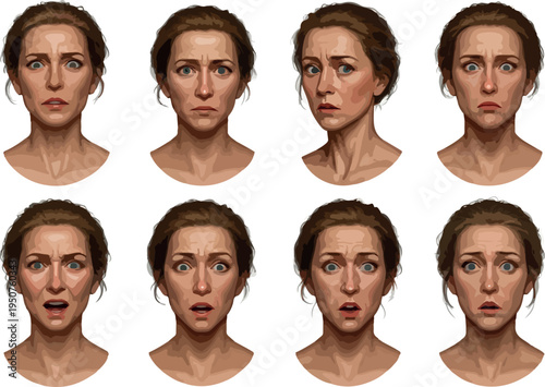 Portrait Set Of Woman Expressing Fear And Surprise Realistic Vector Portrait